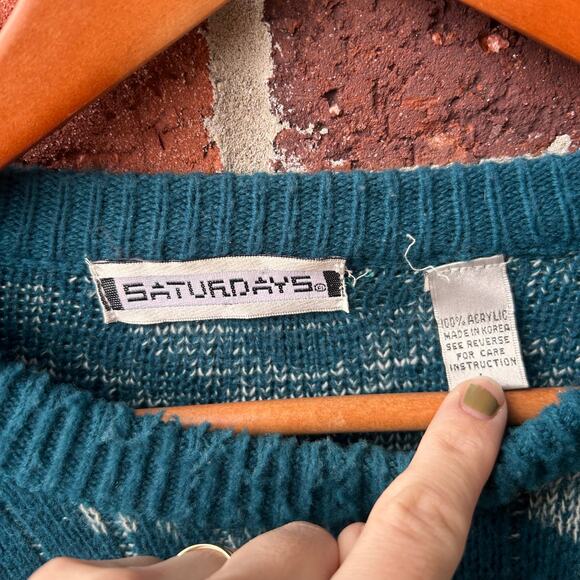 Vintage Teal Geometric Crewneck Sweater Saturdays Size Large - Picture 3 of 3